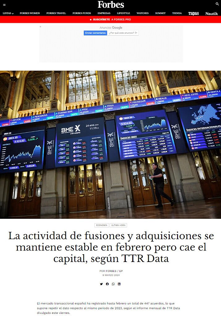 La actividad de fusiones y adquisiciones se mantiene estable en febrero pero cae el capital, segn TTR Data
